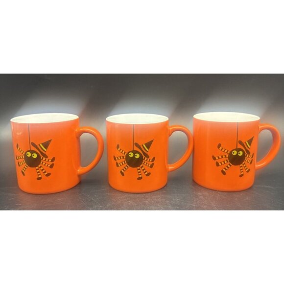 Crate & Barrel Orange Black Spider Ceramic Halloween Mugs Espresso 6oz Set Of 6 - Picture 2 of 11